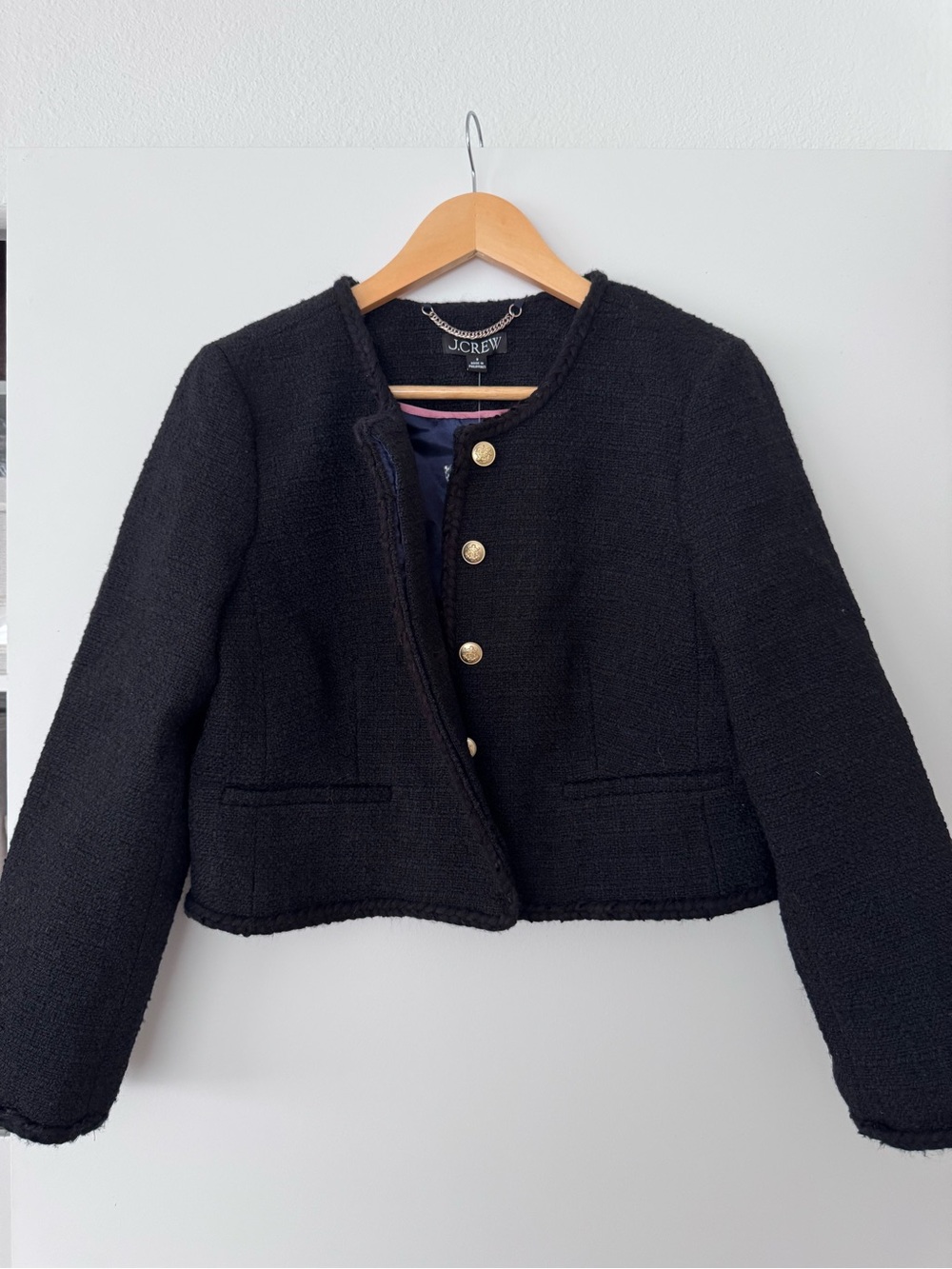 J. Crew Louisa Black Tweed Lady Jacket with Gold Buttons